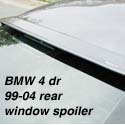 Top of rear window spoiler, BMW 323/325/328/330 E46 4 door sedan, 1999-04. This spoiler adds a distintive style to the rear of your BMW. It is designed to fit directly in the rubber window seal. Easy to install. Clearance is provided for OE 3 rd brake light so it remains functional.