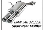 Sport rear muffler w/90mm dual round tips, BMW 325i/ci/330i/ci/330d (E46) 2001-on; for models with dual inlet pipes to rear muffler