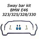 Adjustable sway bar kit, BMW 323/325/328/330 E46 except xi & M3. This sway bar kit improves your handling and gives you the tight sporty cornering you expect from your sports car. The front sway bar is 27 mm with 3 adjustment points allowing the driver to set up the stiffness he desires for the type of driving he enjoys. The stiffest settings gives the driver the least amount of body roll at high speed driving events such as weekend days at the local race track. The rear sway bar is 24 mm with 3 adjustment points. Sway bar kit comes with 4 high performance urethane bushings, 2 for the front bar and 2 for the rear bar, complete with RACING DYNAMICS logo. Kit includes adjustable heim joint drop links to attach the rear sway bar to the chassis. Front bar uses standard sway bar attachment linkage. 