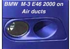 Brake air Ducts, pair, BMW 330 sedan 2004-06; coupe and cabrio models 2003-05 with BMW's performance package and M3 coupe and cabrio 2001-06 E46. These air ducts replace the original equipment fog light covers and add additional air intake ducts. Easy to install and completely removable at a later date without damage to your car. They work with your original OEM fog lights. We also have these same ducts manufactured in real carbon fiber. The additional cost is $50.00. This is the latest high tech design and actually saves you any cost of painting. Just select the finish below. 