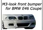 M3 style bumper cover for BMW E46 2-door coupe 99-06. Durable polypropylene construction includes grille mesh, rub strips, and fog lights.